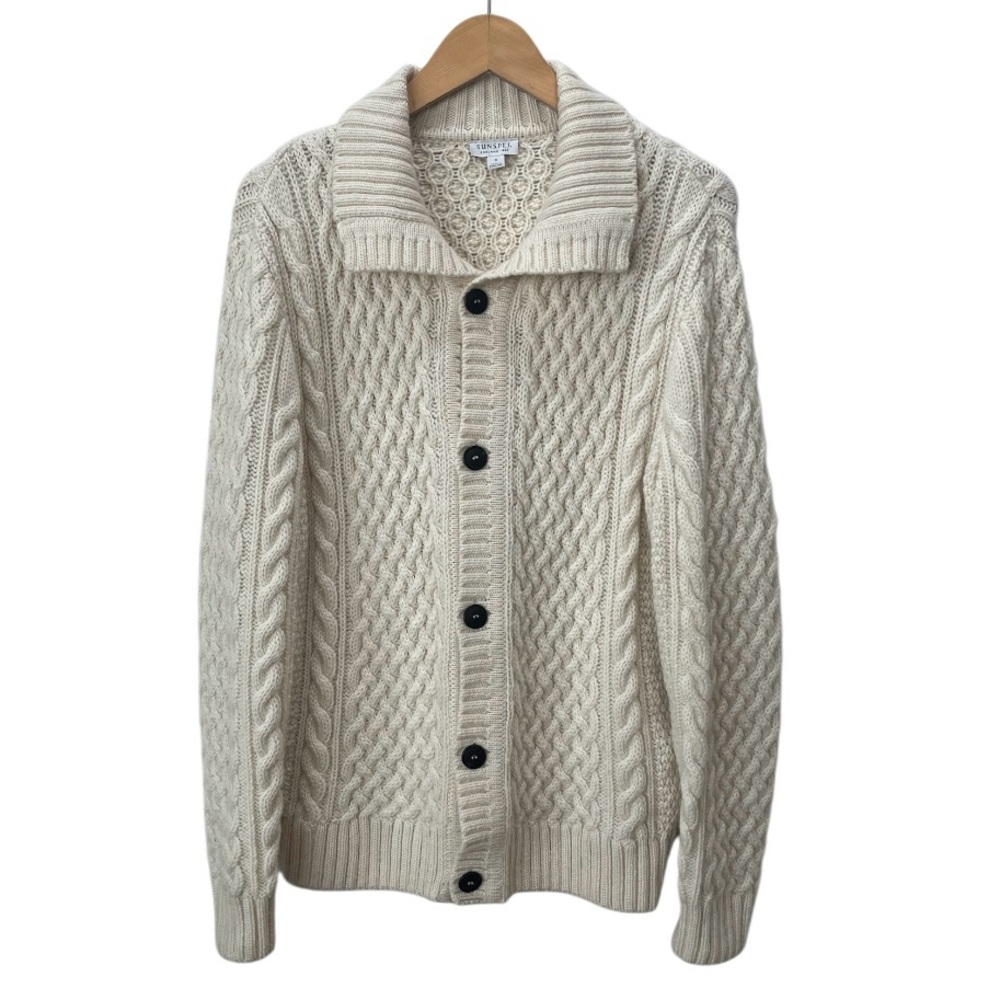 Sunspel Merino Wool Ecru Cable Knit Cardigan